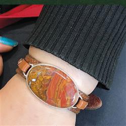 دستبند دور قاب نقره با چرم طبیعی و سنگ عقیق مراکش